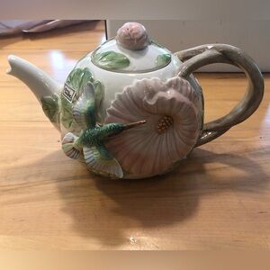 Fitz and Floyd 48oz Hummingbird & Floral Hibiscus Ceramic Teapot 1987 FF